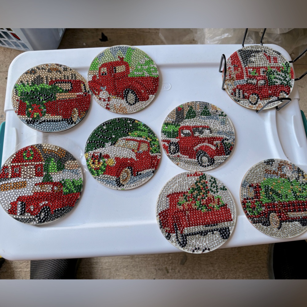 8 Christmas red truck coasters with rack